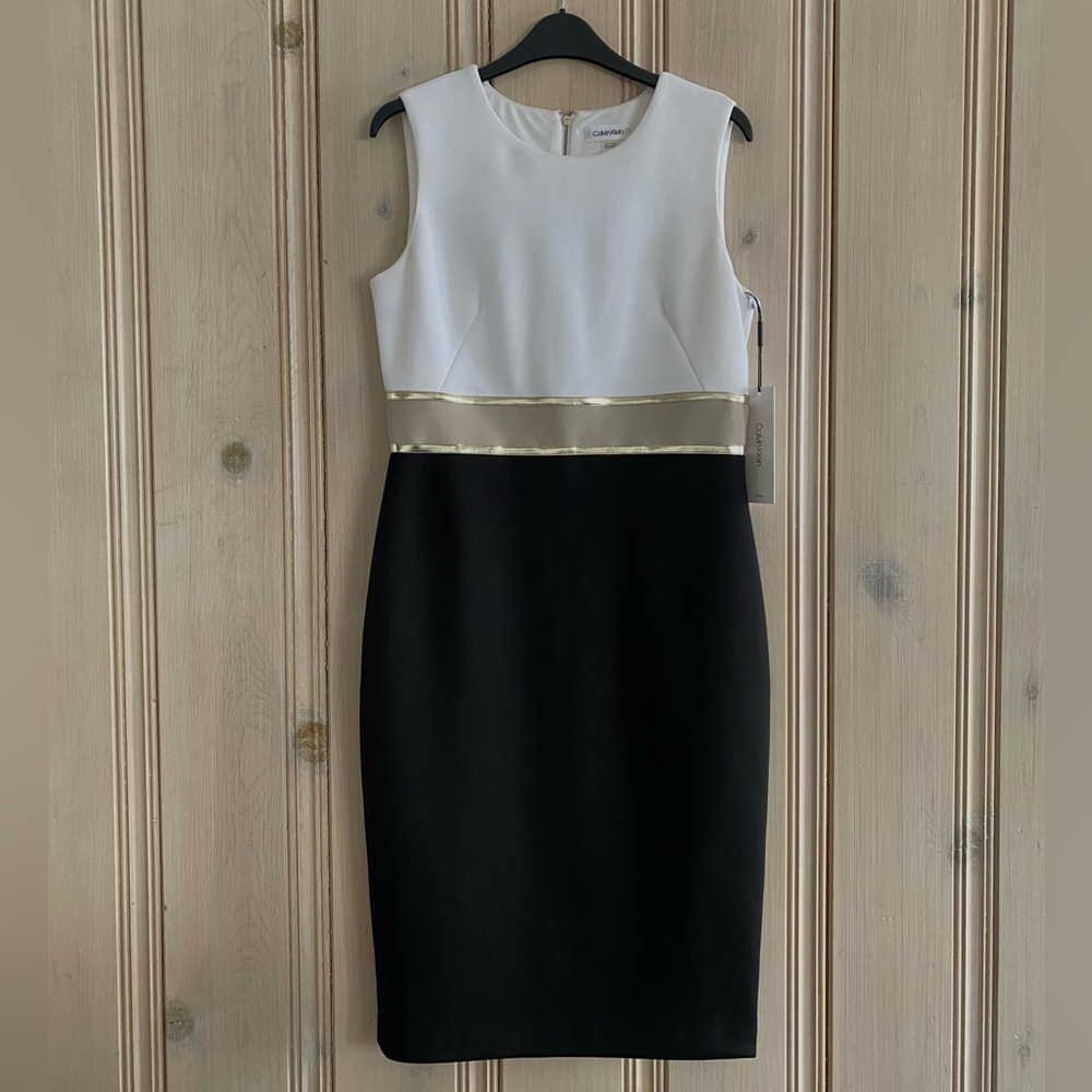 NWT Calvin Klein Black and White Dress with Gold Trim